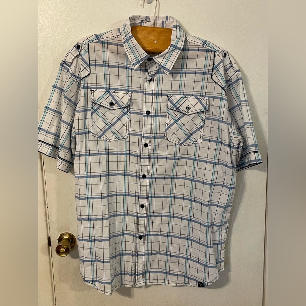 Marc Ecko Cut &‎ Sew Men's Gray Button Up Short Sleeve Shirt Size 3XL plaid